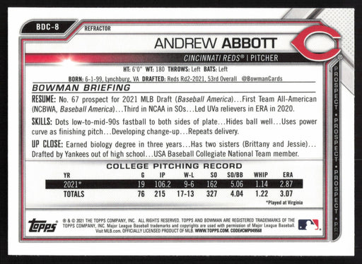 2021 Bowman Draft #BDC-8 Andrew Abbott Chrome Refractor