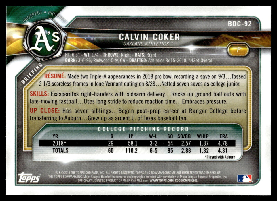 2018 Bowman Draft #BDC-92 Calvin Coker Chrome