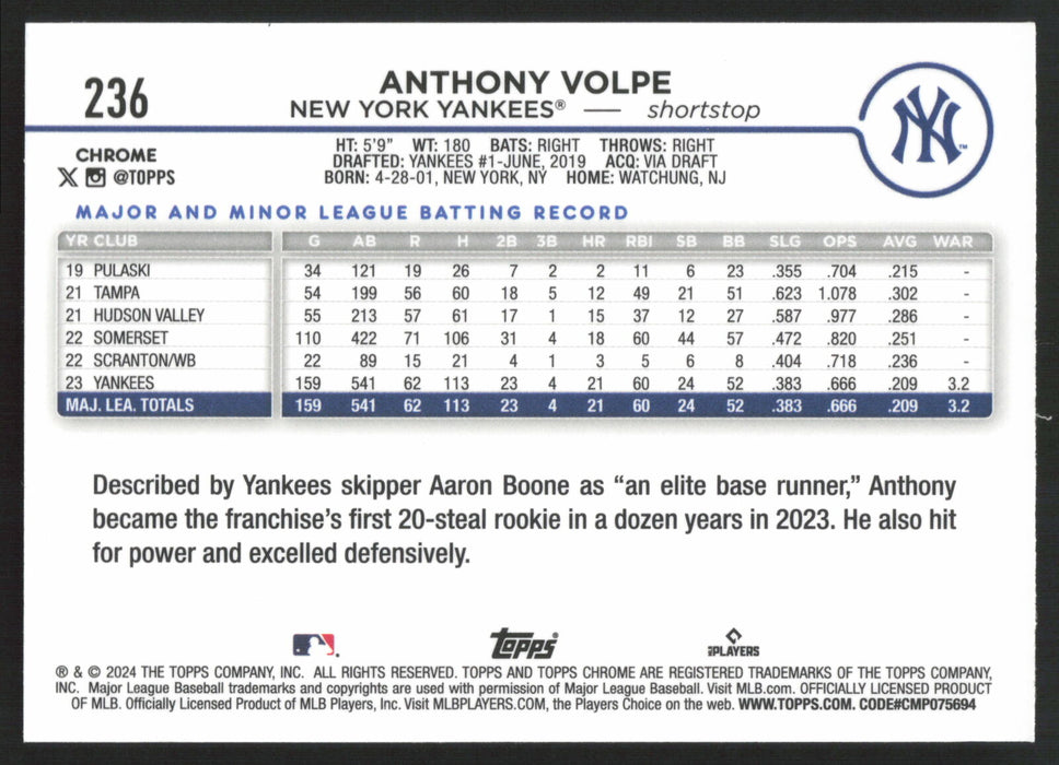 2024 Topps Chrome #236 Anthony Volpe