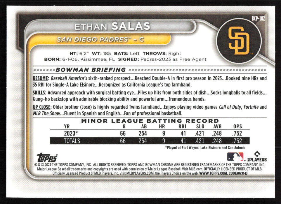 2024 Bowman #BCP-102 Ethan Salas Chrome Prospects