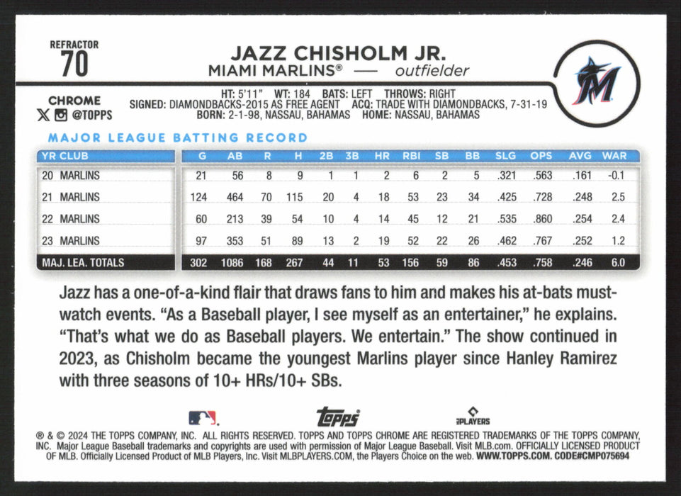 2024 Topps Chrome #70 Jazz Chisholm Jr. Refractor