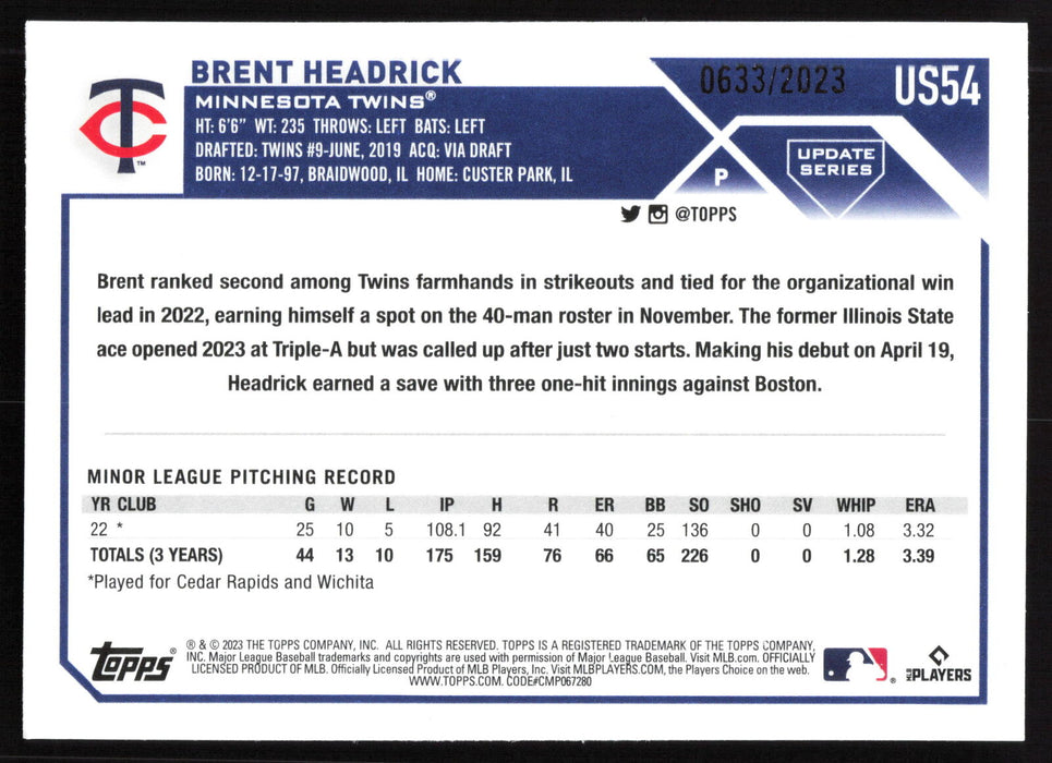 2023 Topps Update #US54 Brent Headrick Gold #/2023