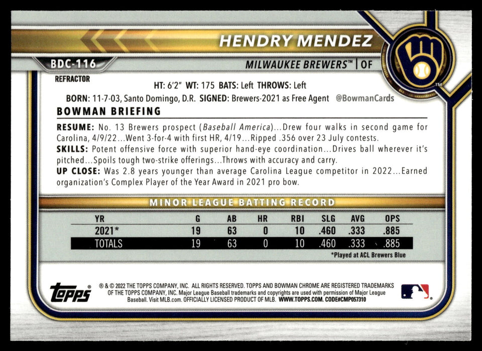 2022 Bowman Draft #BDC-116 Hendry Mendez Chrome Refractor