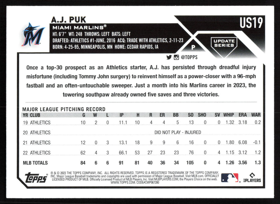 2023 Topps Update #US19 A.J. Puk Royal Blue