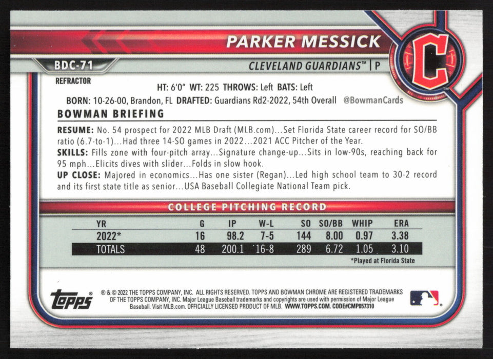 2022 Bowman Draft #BDC-71 Parker Messick Chrome Refractor