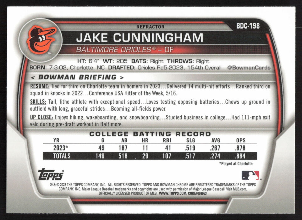 2023 Bowman Draft #BDC-198 Jake Cunningham Chrome Refractor