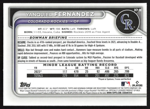 2024 Bowman #BCP-90 Yanquiel Fernandez Chrome Prospects