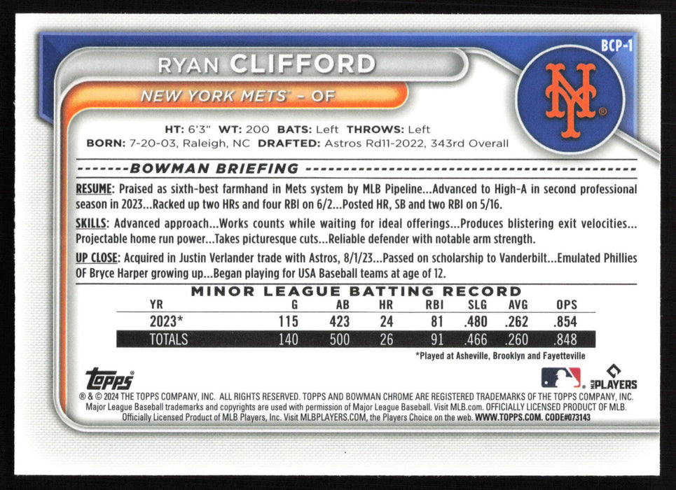 2024 Bowman #BCP-1 Ryan Clifford Chrome Prospects