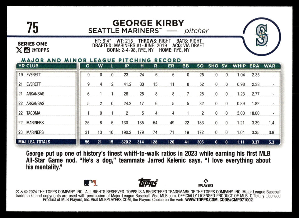 2024 Topps #75 George Kirby Rainbow Foil