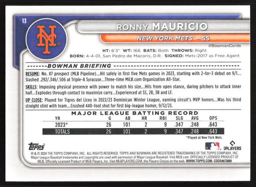 2024 Bowman #13 Ronny Mauricio