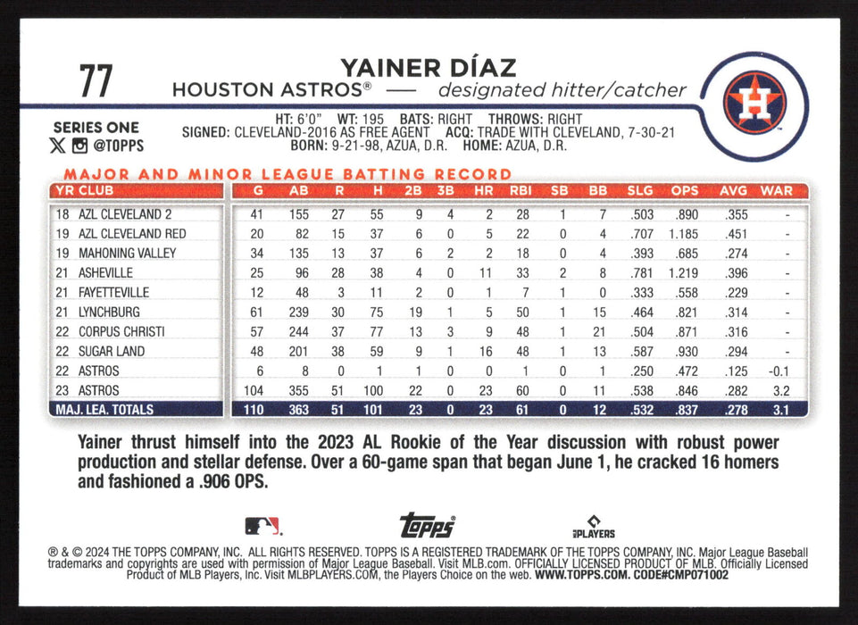 2024 Topps #77 Yainer Díaz Gold Foil