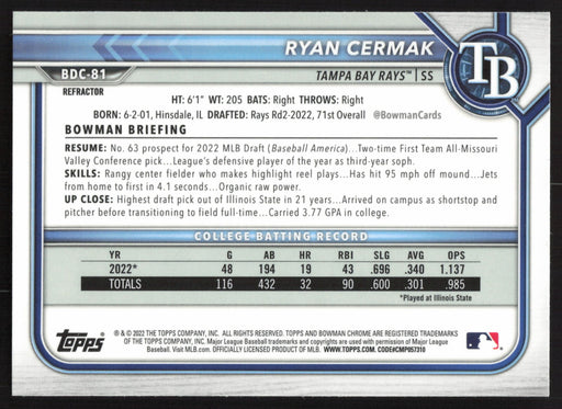 2022 Bowman Draft #BDC-81 Ryan Cermak Chrome Refractor