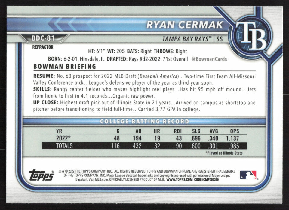 2022 Bowman Draft #BDC-81 Ryan Cermak Chrome Refractor