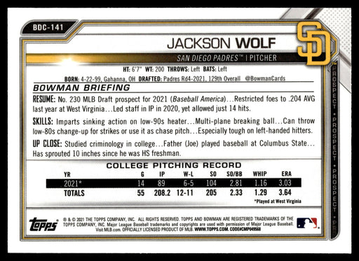 2021 Bowman Draft #BDC-141 Jackson Wolf Chrome Black & White RayWave