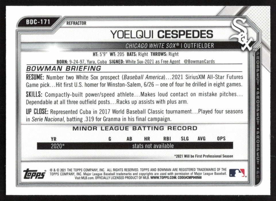 2021 Bowman Draft #BDC-171 Yoelqui Cespedes Chrome Refractor