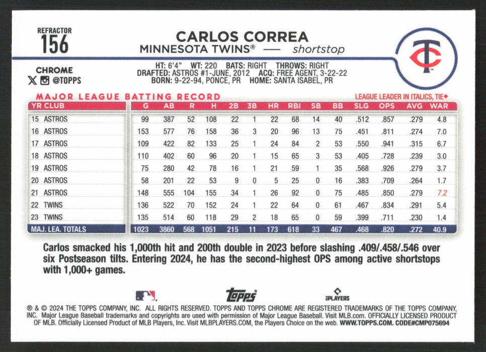 2024 Topps Chrome #156 Carlos Correa Refractor