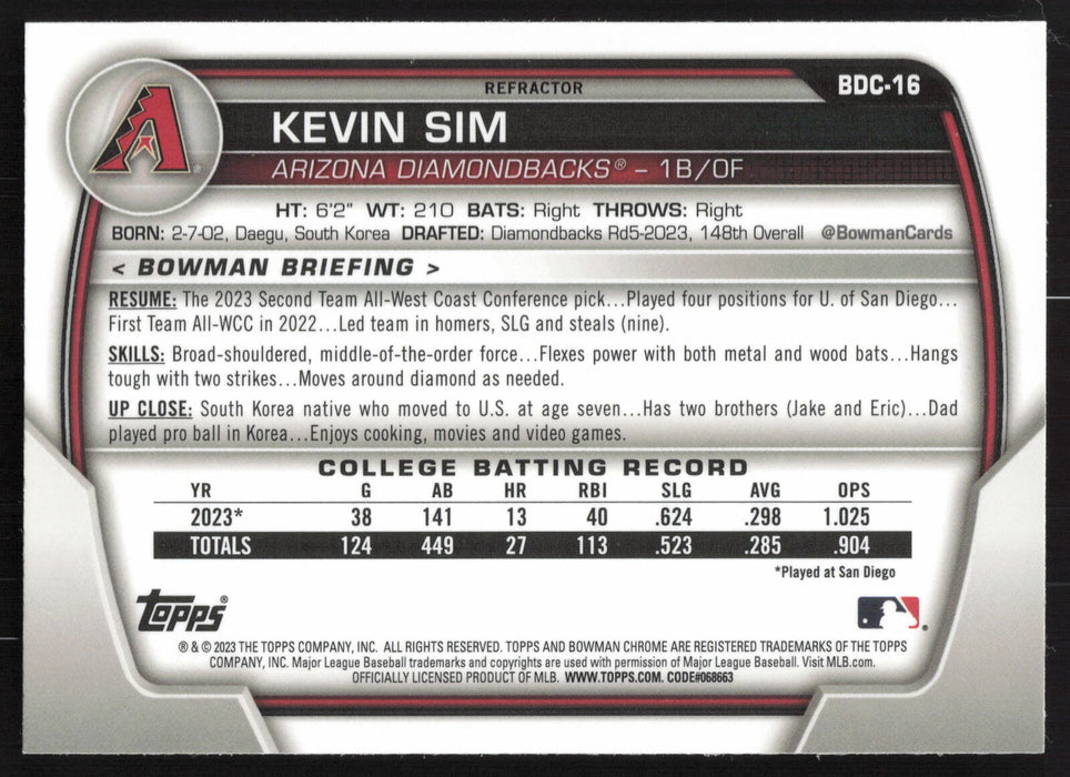 2023 Bowman Draft #BDC-16 Kevin Sim Chrome Refractor