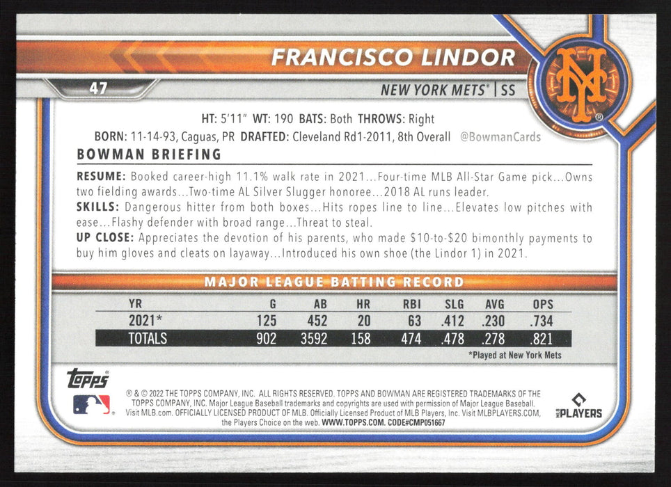 2022 Bowman #47 Francisco Lindor