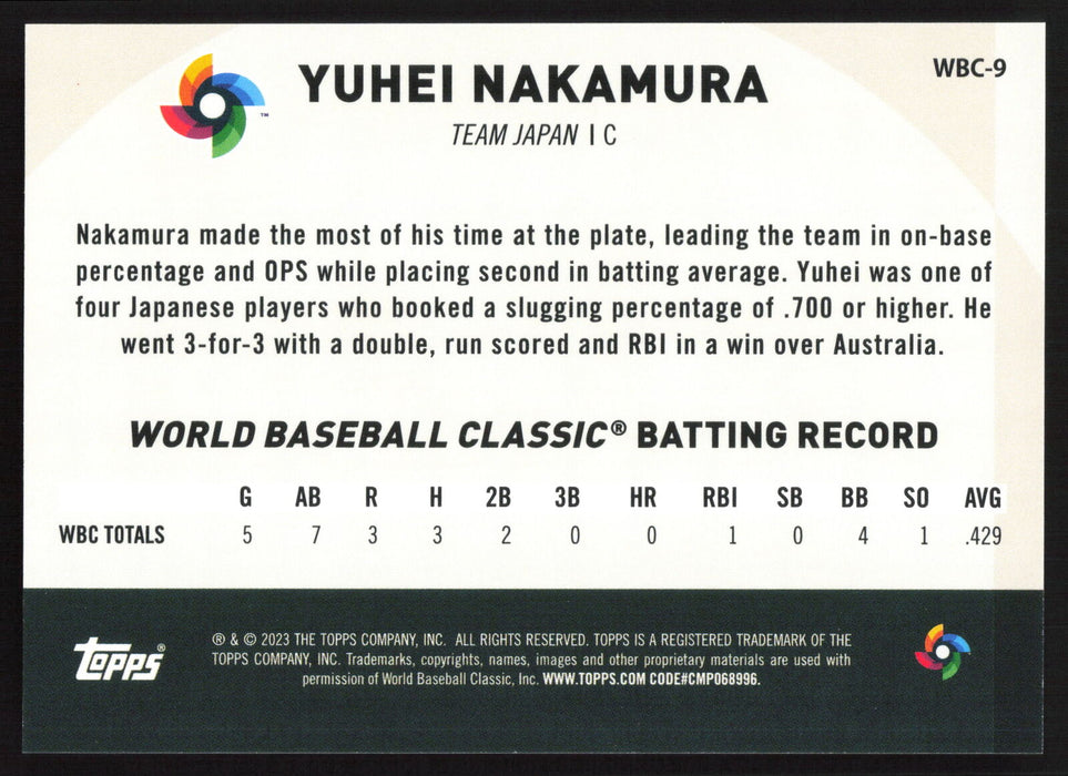 2023 Topps Japan Edition #WBC-9 Yuhei Nakamura WBC Japanese National Team