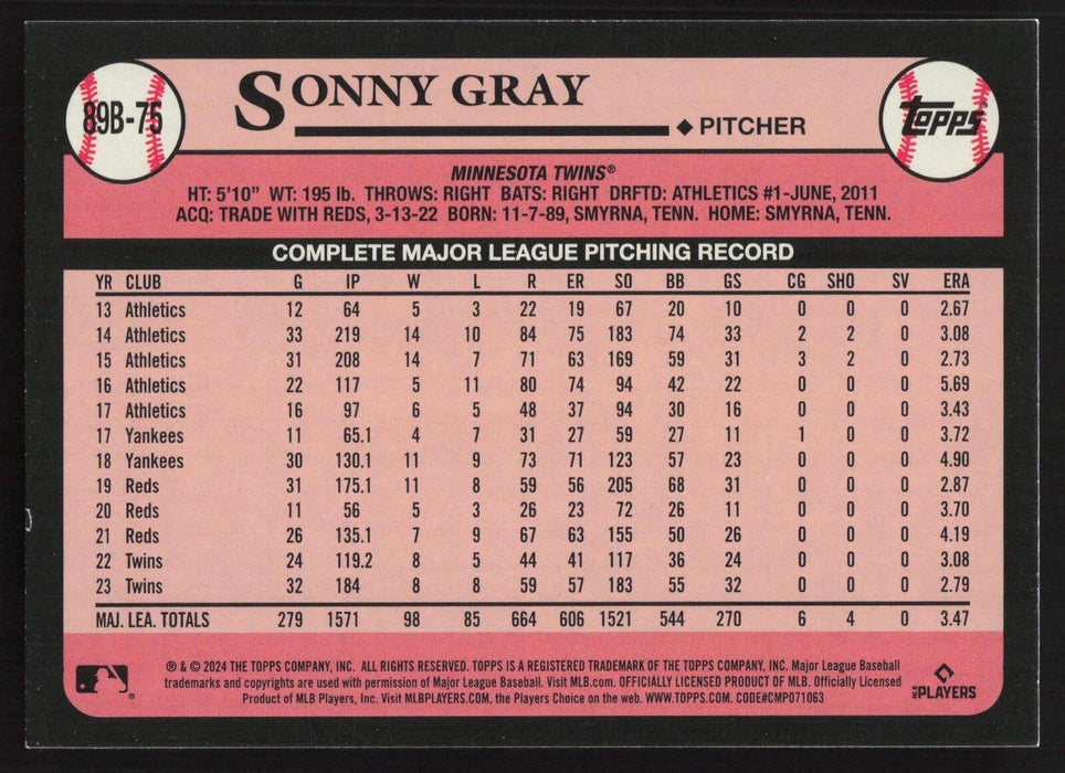 2024 Topps #89B-75 Sonny Gray 1989 Topps Baseball 35th Anniversary