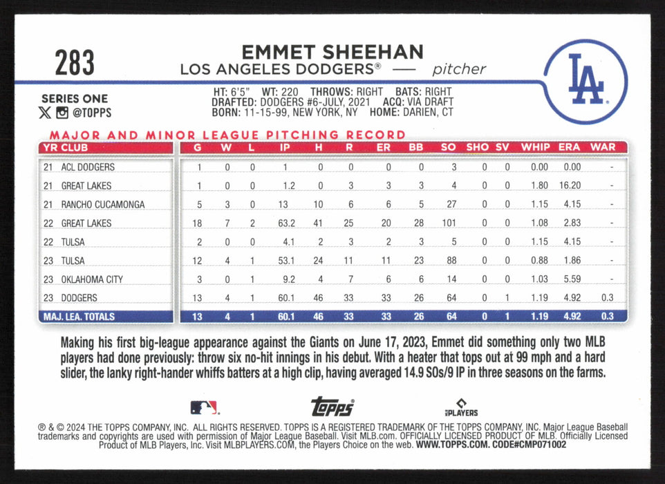 2024 Topps #283 Emmet Sheehan Base