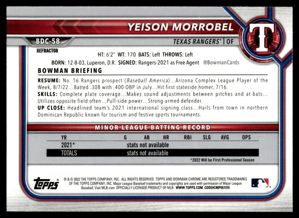 2022 Bowman Draft #BDC-58 Yeison Morrobel Chrome Refractor