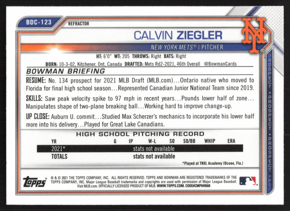 2021 Bowman Draft #BDC-123 Calvin Ziegler Chrome Refractor