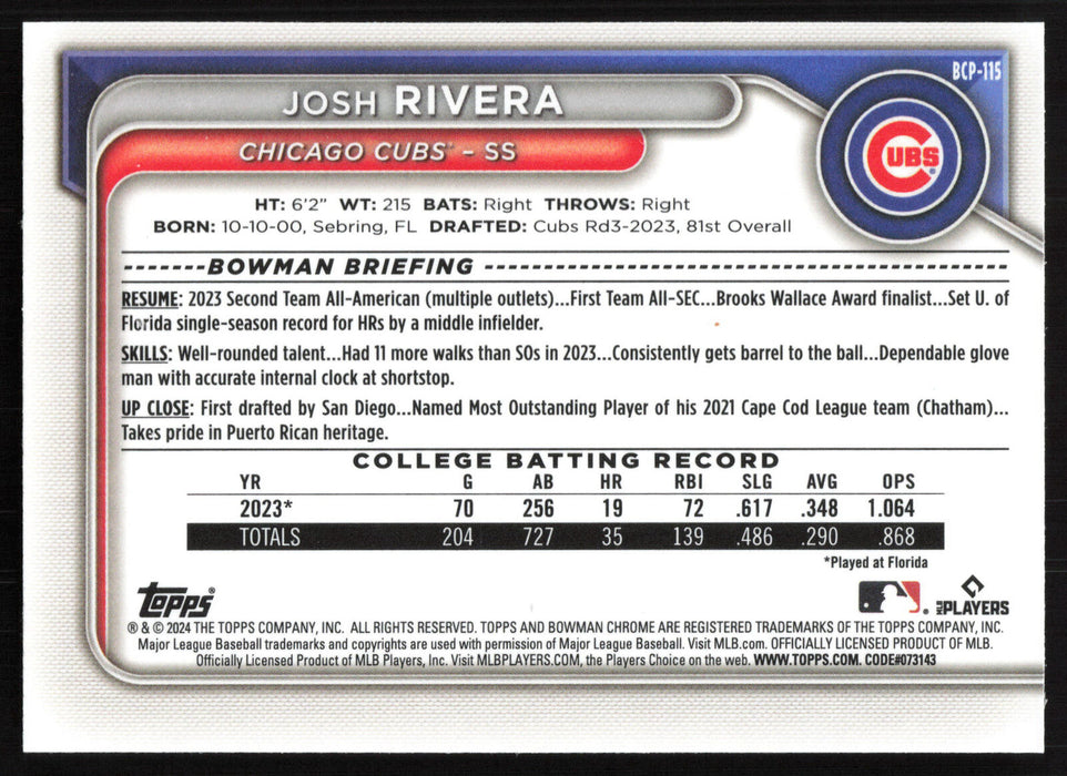 2024 Bowman #BCP-115 Josh Rivera Chrome Prospects