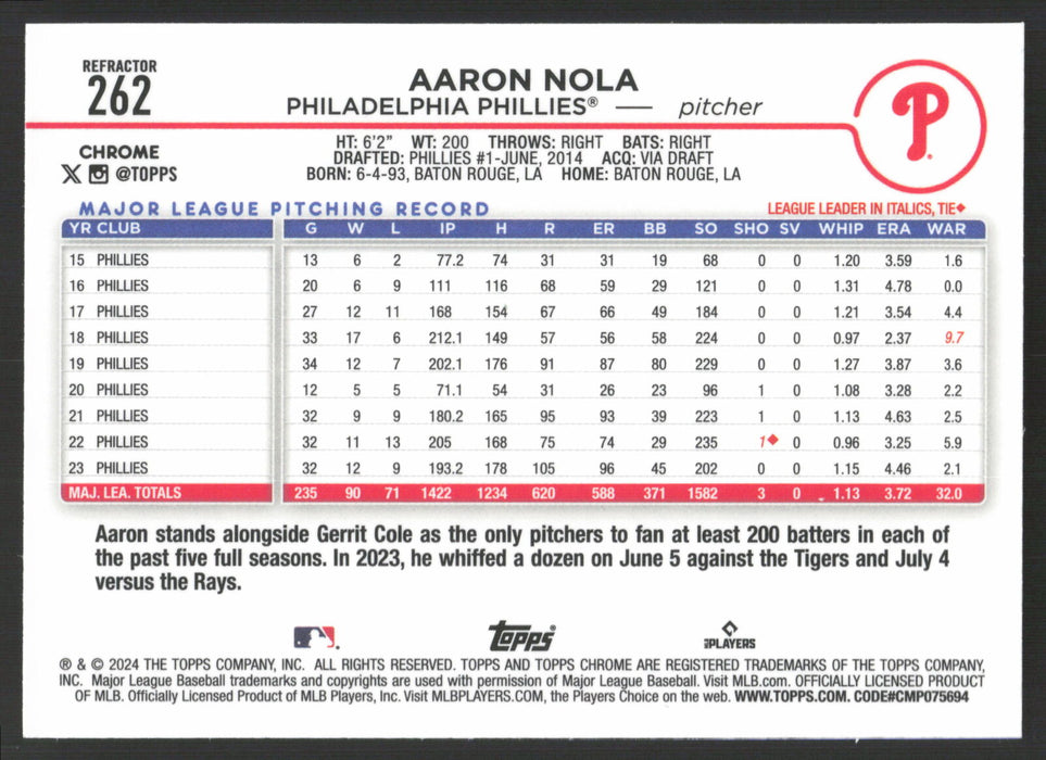 2024 Topps Chrome #262 Aaron Nola Refractor