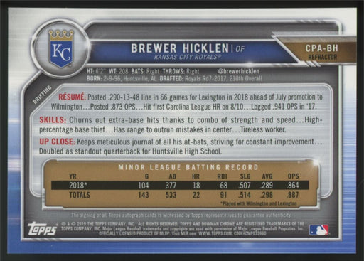 2019 Bowman #CPA-BH Brewer Hicklen Chrome Prospect Autographs Refractor #/499