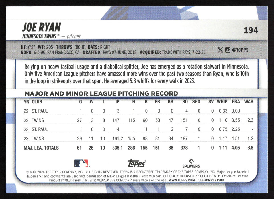 2024 Topps Big League #194 Joe Ryan