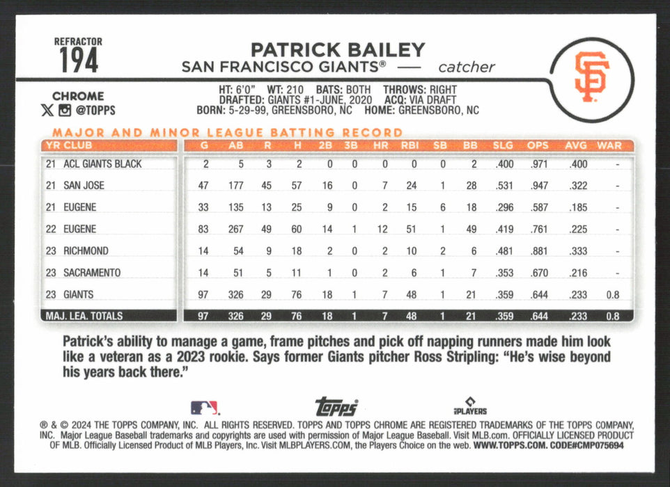 2024 Topps Chrome #194 Patrick Bailey Refractor