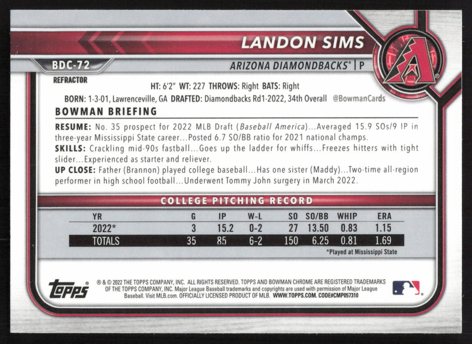 2022 Bowman Draft #BDC-72 Landon Sims Chrome Refractor