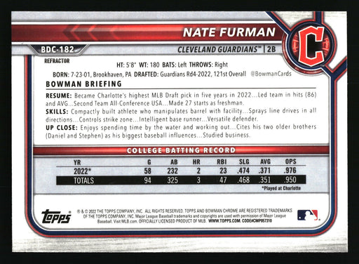 2022 Bowman Draft #BDC-182 Nate Furman Chrome Refractor