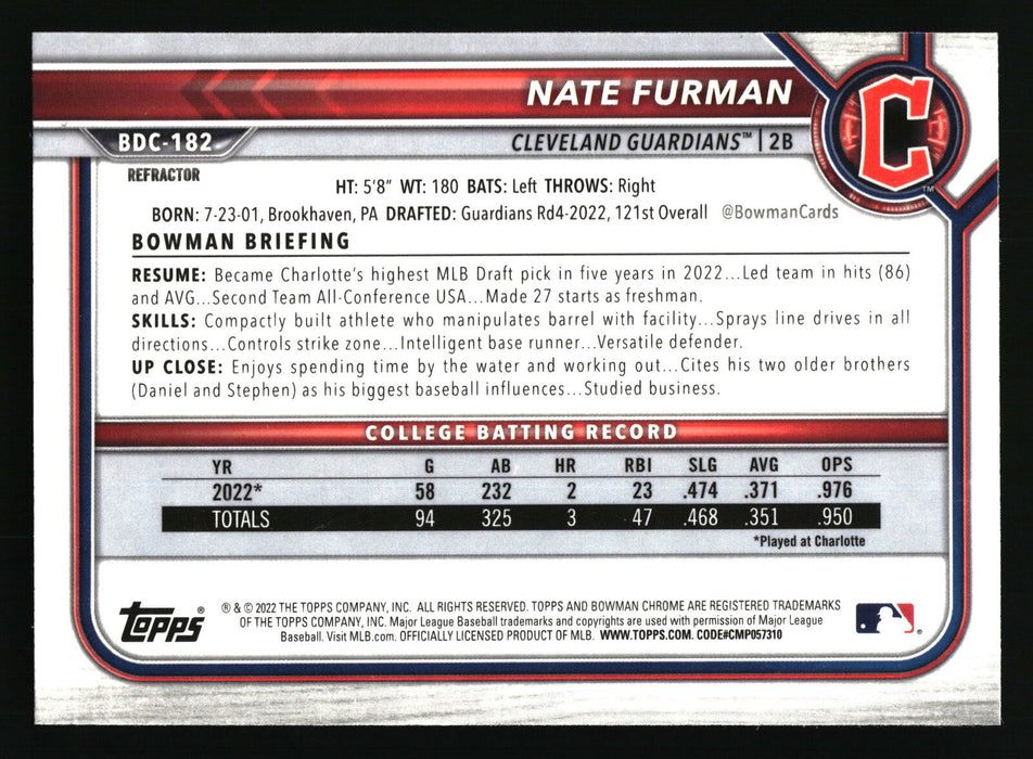 2022 Bowman Draft #BDC-182 Nate Furman Chrome Refractor