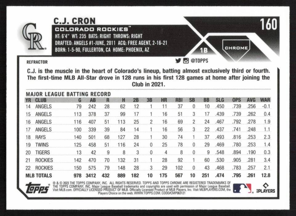 2023 Topps Chrome #160 C.J. Cron Refractor