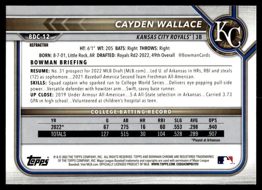 2022 Bowman Draft #BDC-12 Cayden Wallace Chrome Refractor