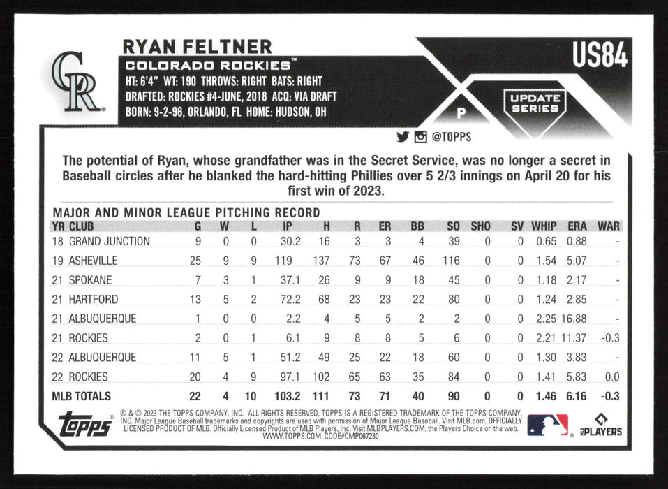 2023 Topps Update #US84 Ryan Feltner Gold Foil