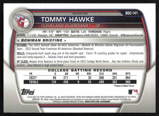 2023 Bowman Draft #BDC-141 Tommy Hawke Chrome Refractor