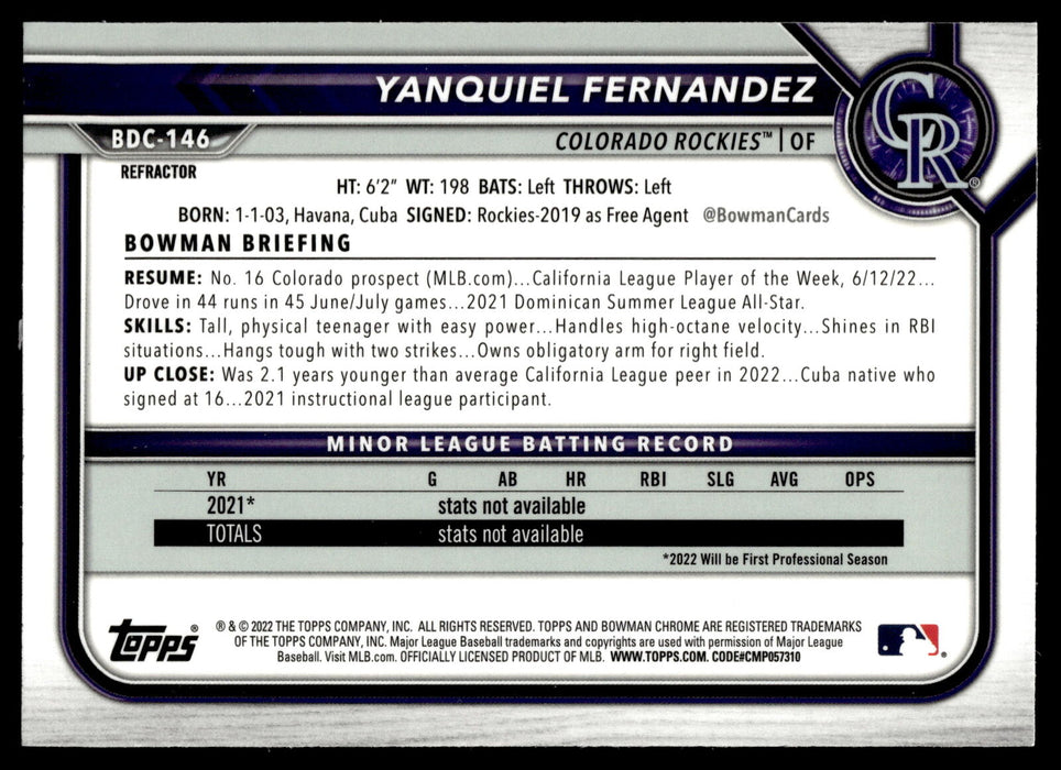 2022 Bowman Draft #BDC-146 Yanquiel Fernandez Chrome Refractor