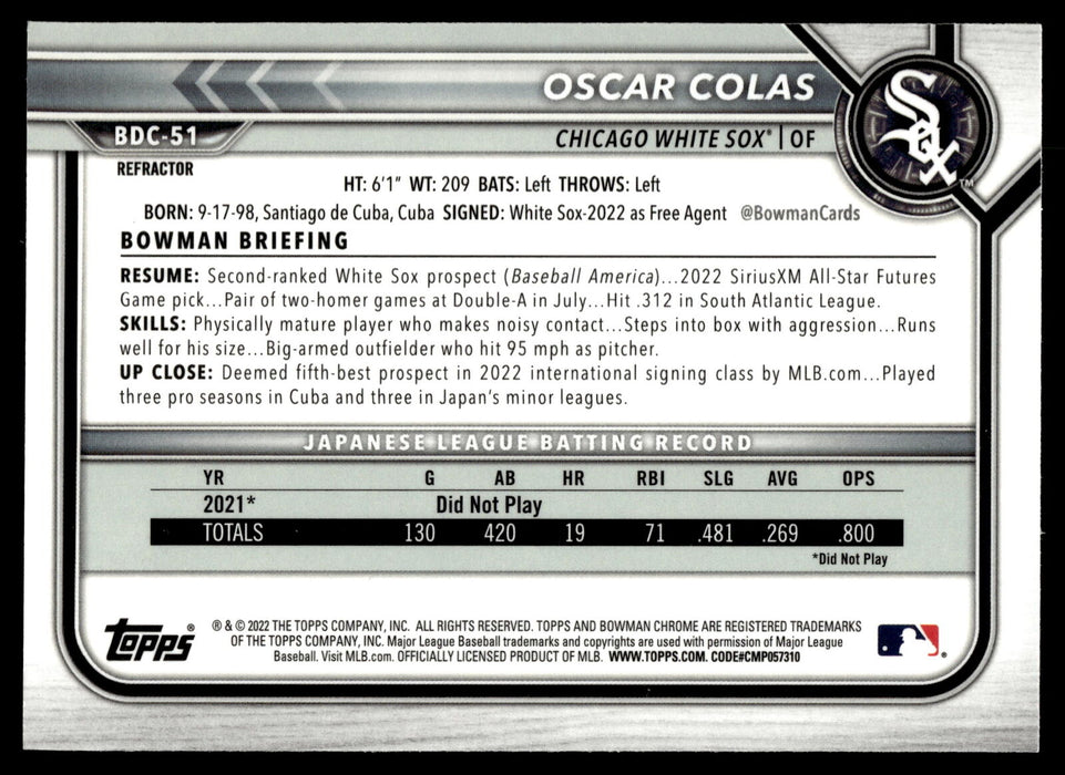 2022 Bowman Draft #BDC-51 Oscar Colas Chrome Refractor