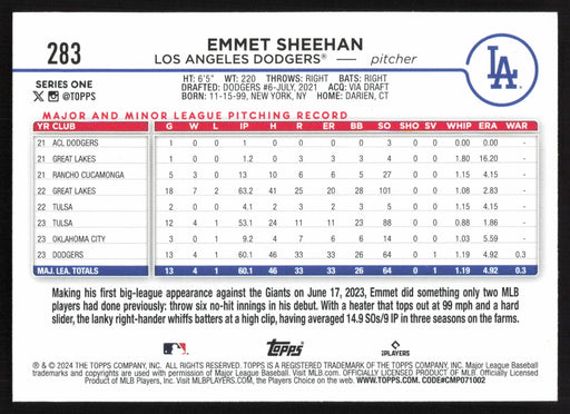 2024 Topps #283 Emmet Sheehan - 5 Card Player Lot - Rookie Card