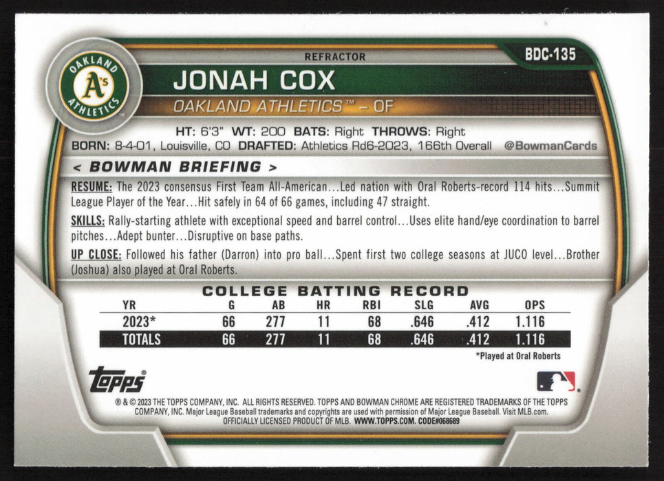 2023 Bowman Draft #BDC-135 Jonah Cox Chrome Refractor