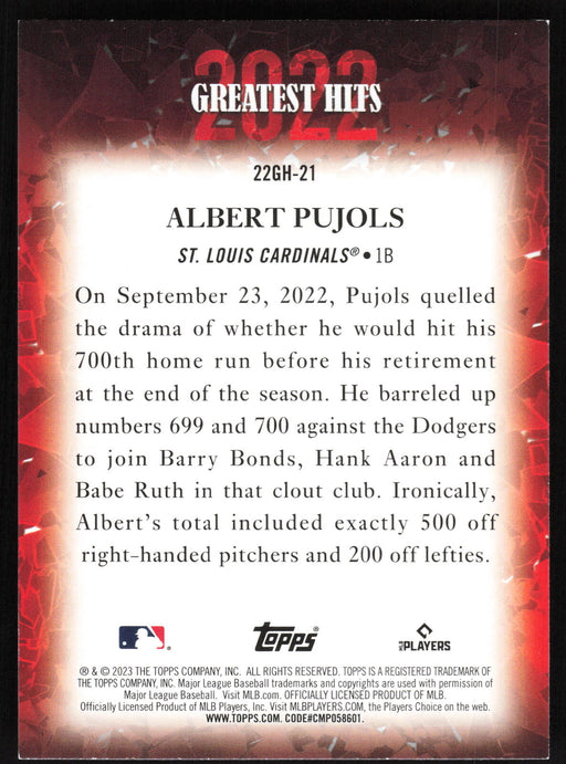 2023 Topps #22GH-21 Albert Pujols 2022 Greatest Hits