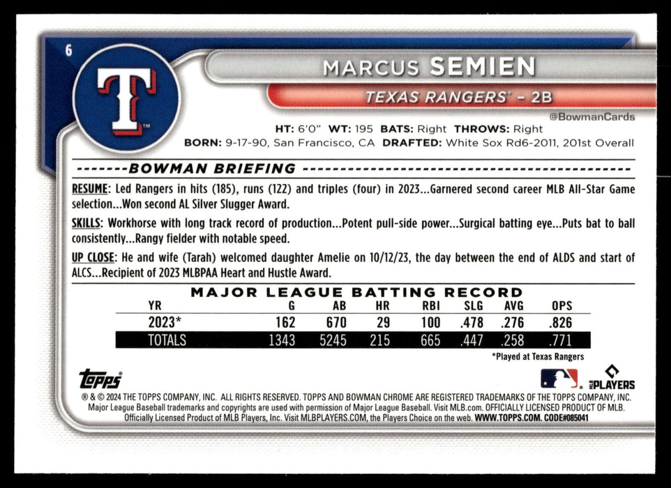 2024 Bowman Chrome #6 Marcus Semien