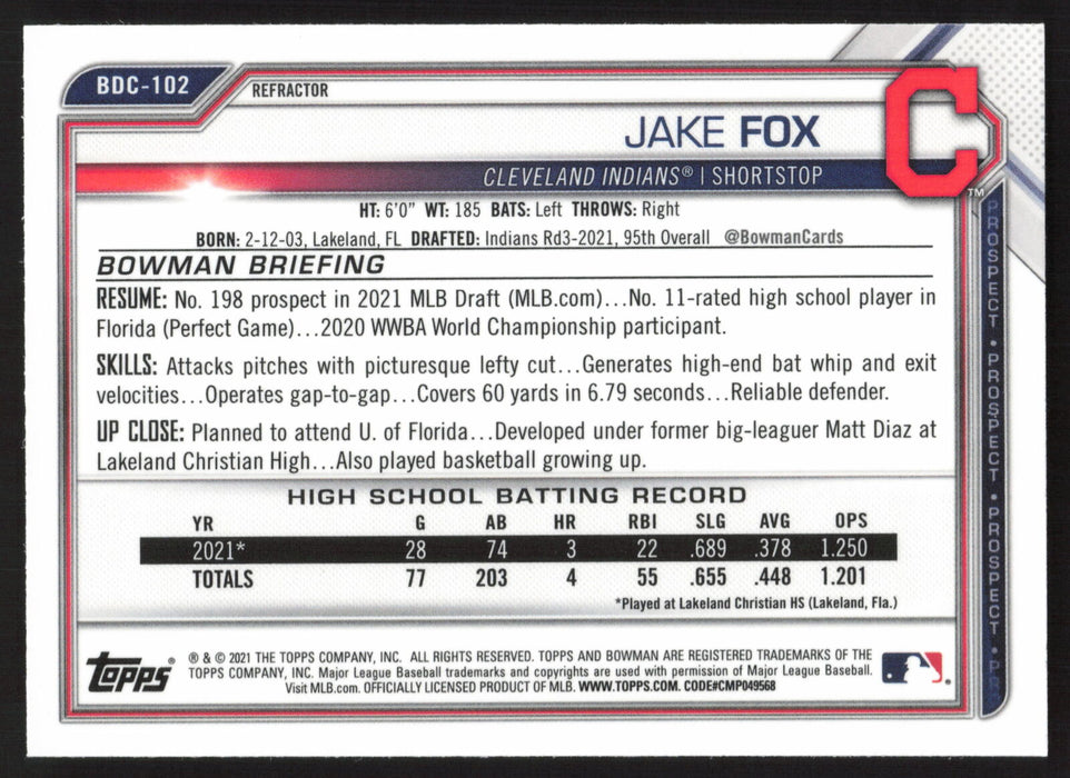 2021 Bowman Draft #BDC-102 Jake Fox Chrome Refractor