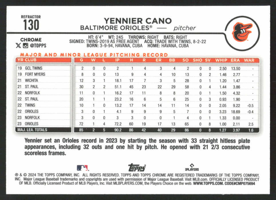 2024 Topps Chrome #130 Yennier Cano Refractor