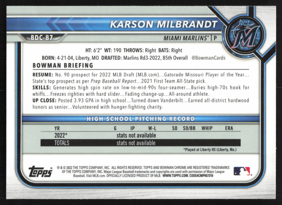 2022 Bowman Draft #BDC-87 Karson Milbrandt Chrome Sky Blue Refractor