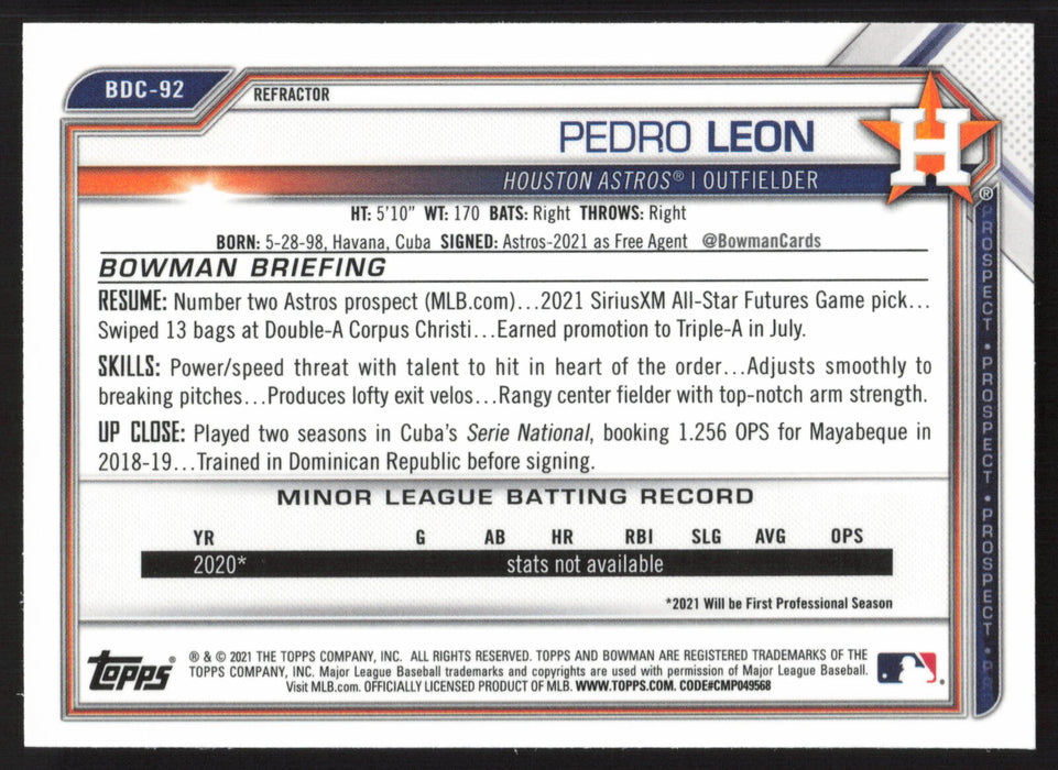 2021 Bowman Draft #BDC-92 Pedro Leon Chrome Refractor