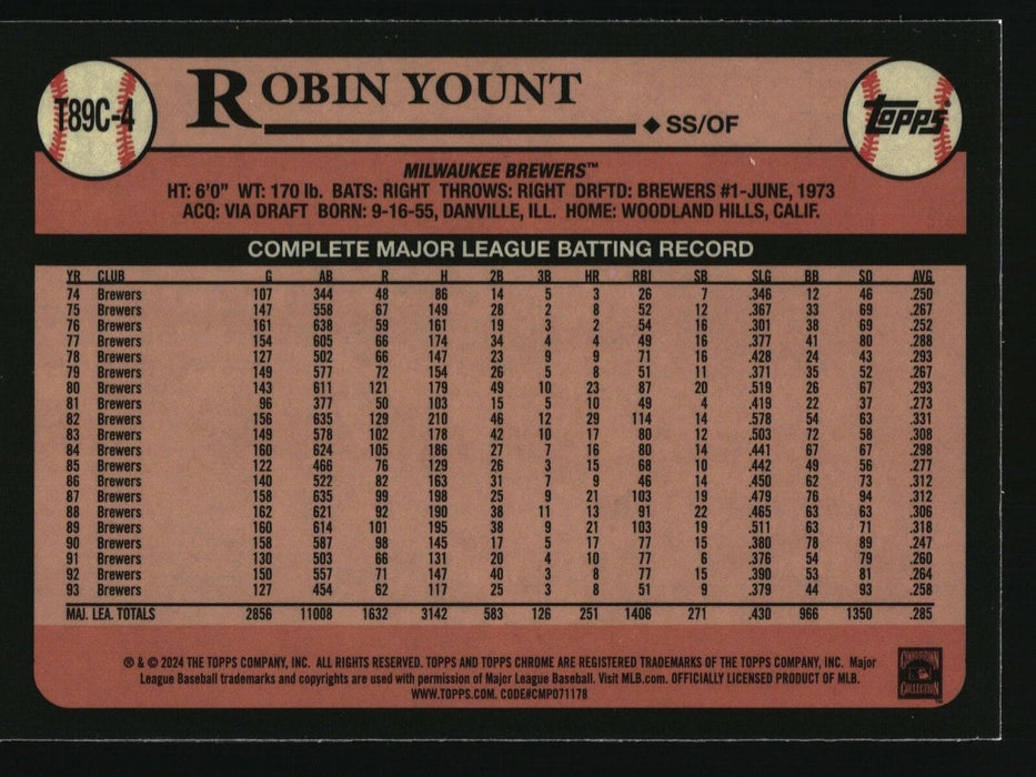 2024 Topps #T89C-4 Robin Yount 1989 Topps Baseball Chrome